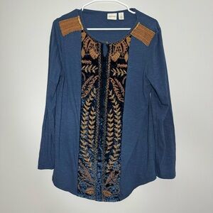 Chico’s Zenergy Blue Velvet Tunic Top – Embroidered Detail, Size M